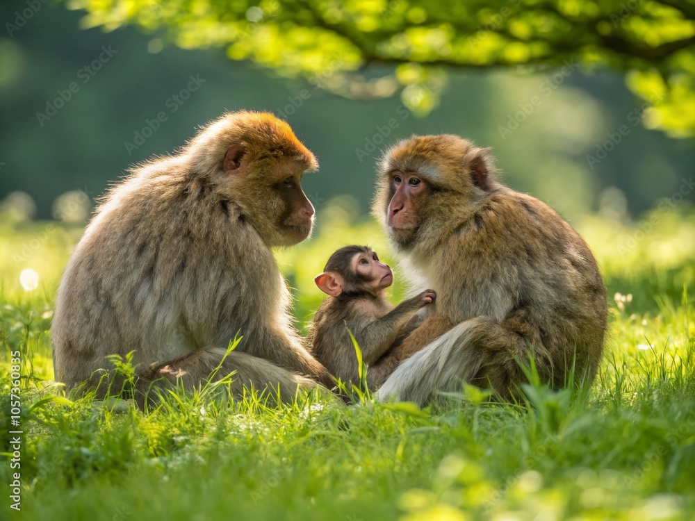 Barbary Apes Family with Baby on Green Meadow - Captivating Wildlife Photography Barbary Apes Family with Baby on Green Meadow - Captivating Wildlife Photography