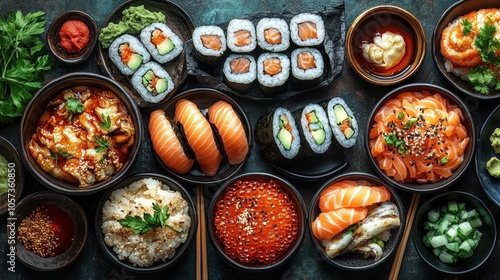 A vibrant assortment of sushi and Japanese dishes arranged in bowls for a delightful meal.