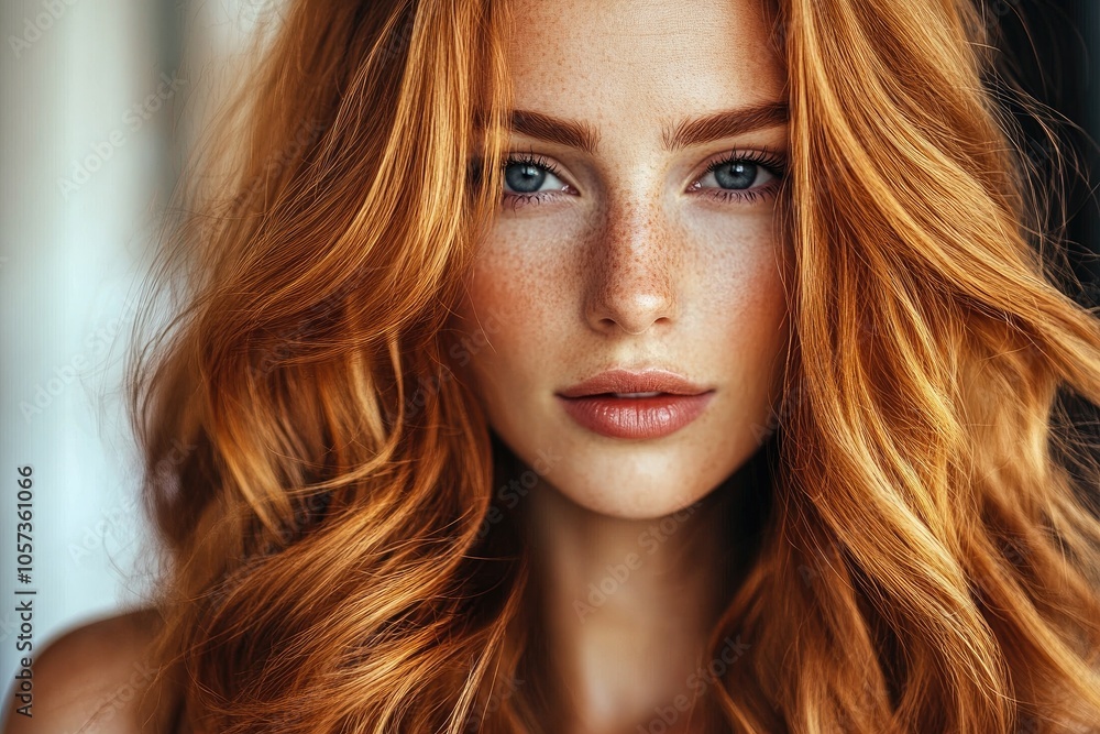 Beautiful woman with long, red hair and freckles showing her healthy hair Beautiful woman with long, red hair and freckles showing her healthy hair