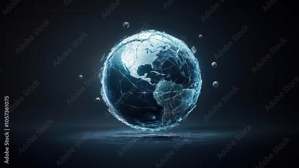A glowing, digital planet Earth composed of water droplets, surrounded by a dark background, emphasizing a futuristic and eco-friendly aesthetic. A glowing, digital planet Earth composed of water droplets, surrounded by a dark background, emphasizing a futuristic and eco-friendly aesthetic.