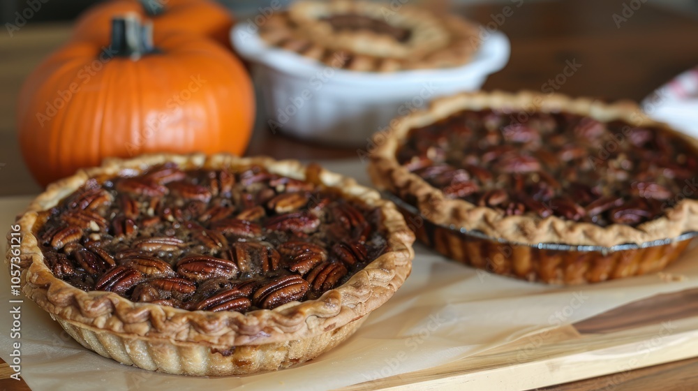 Thanksgiving Pumpkin and Pecan Pies on Parchment Paper Thanksgiving Pumpkin and Pecan Pies on Parchment Paper