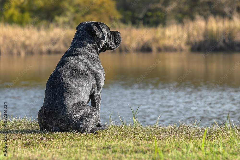 Black dog sitting and contemplating a lake in nature Black dog sitting and contemplating a lake in nature