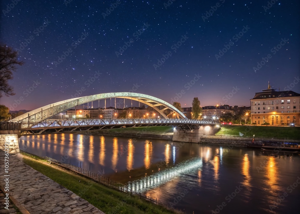 Bernatka Footbridge at Night: Stunning View Over Vistula River in Krakow, Poland - High Depth of Field Photography Bernatka Footbridge at Night: Stunning View Over Vistula River in Krakow, Poland - High Depth of Field Photography