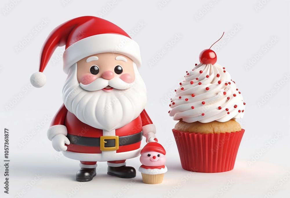 3D cute kawaii Santa Claus and a Cupcake with Santa Hat, isolated on a white background 3D cute kawaii Santa Claus and a Cupcake with Santa Hat, isolated on a white background