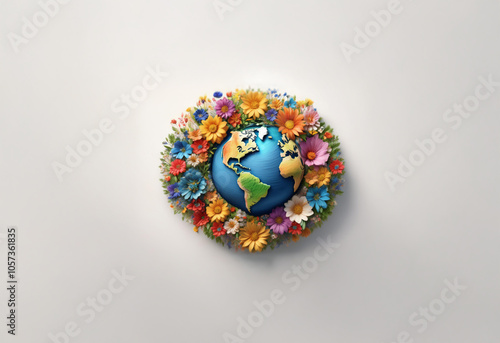 A blue globe surrounded by a wreath of colorful flowers on a white background.