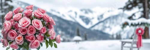 Pink roses laying on a chair in front of snowy mountains, creating a stunning contrast, scenery, chair