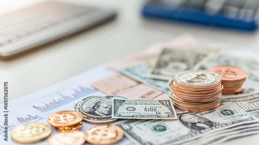 Fototapeta premium close-up shot of diverse currencies and investment charts laid out on a professional desk, symbolizing effective financial risk management and investment strategies, with a blurred background