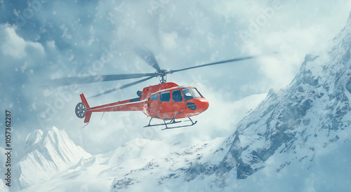 Um helicóptero vermelho navega em meio a uma forte nevasca em uma região montanhosa, destacando a emoção e a aventura da aviação de inverno em um cenário dramático. photo