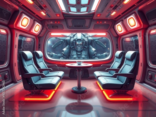 Robotic empire chamber with six seats, efficient design, futuristic sci-fi style, digital art, six seats, scene design photo