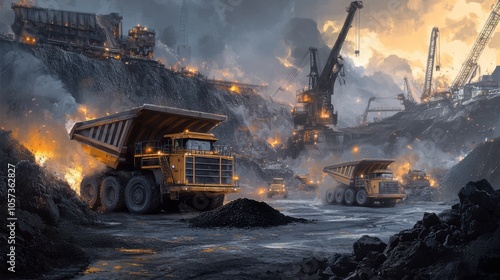 An industrial scene of a coal mine surface operations, with large dump trucks being loaded photo