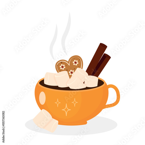 Cup of hot aromatic chocolate or cocoa with marshmallows and cinnamon isolated on white background. Vector illustration