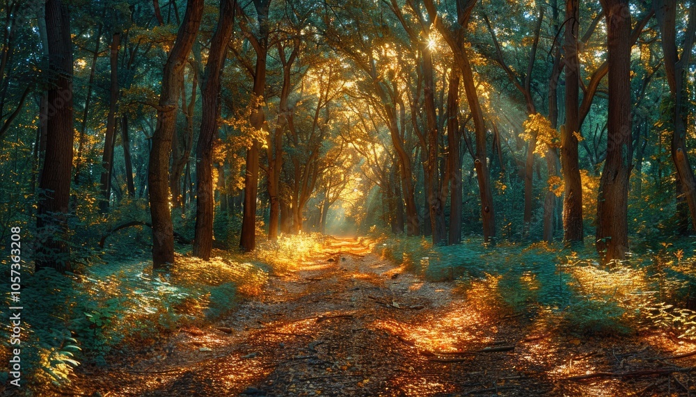 Obraz premium Sunbeams Illuminating a Path Through a Dense Forest