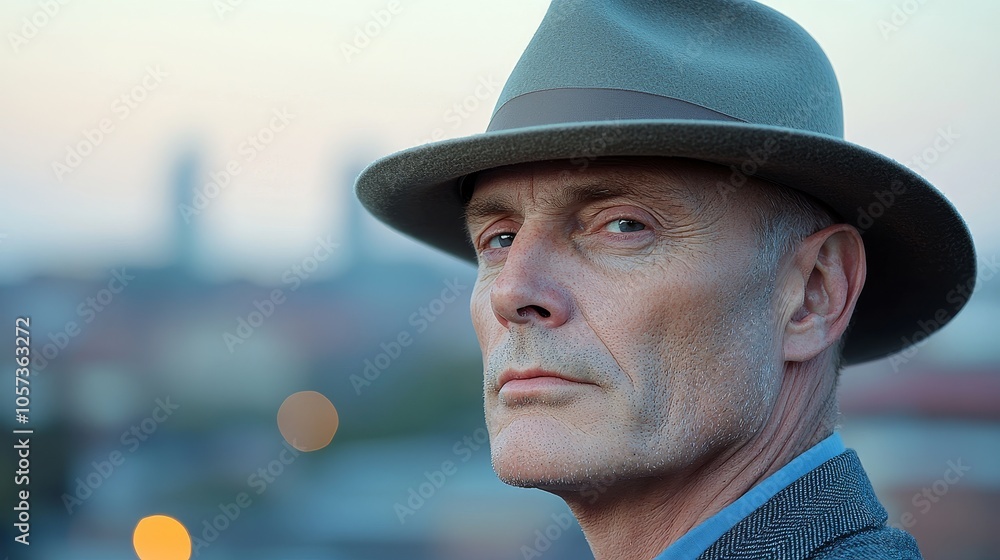 A reflective portrait of a mature man wearing a hat with an urban skyline in the background capturing depth and character in a subtle evening light A reflective portrait of a mature man wearing a hat with an urban skyline in the background capturing depth and character in a subtle evening light