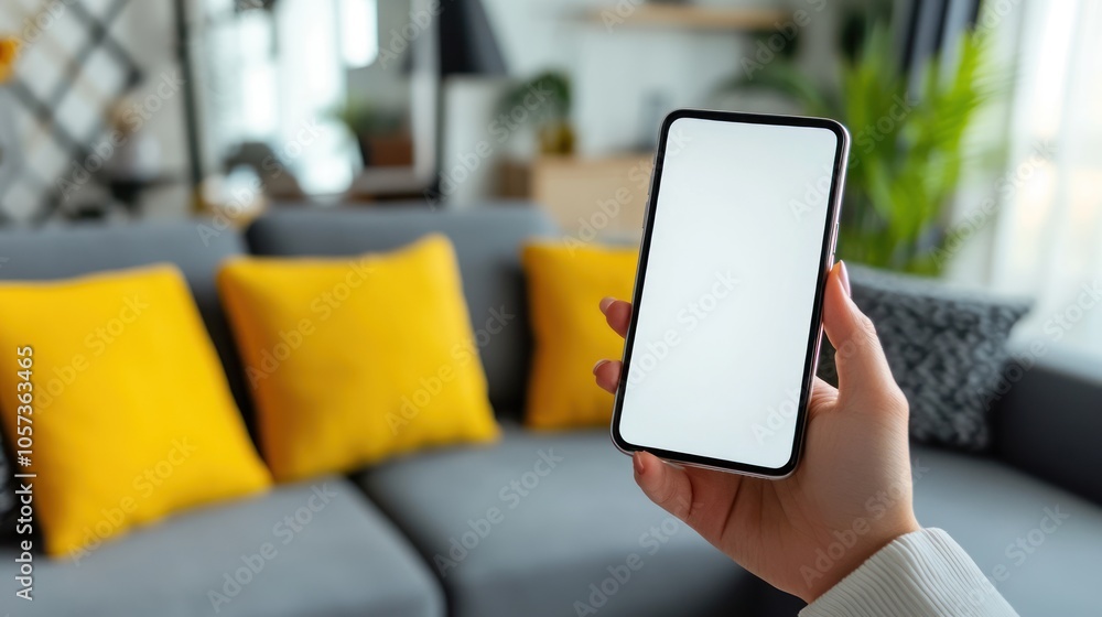Smartphone with Blank Screen in a Modern Living Room Smartphone with Blank Screen in a Modern Living Room