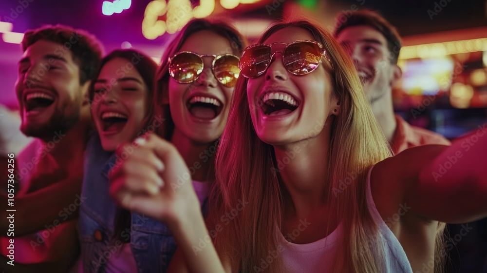 A group of people are smiling and laughing at a party A group of people are smiling and laughing at a party