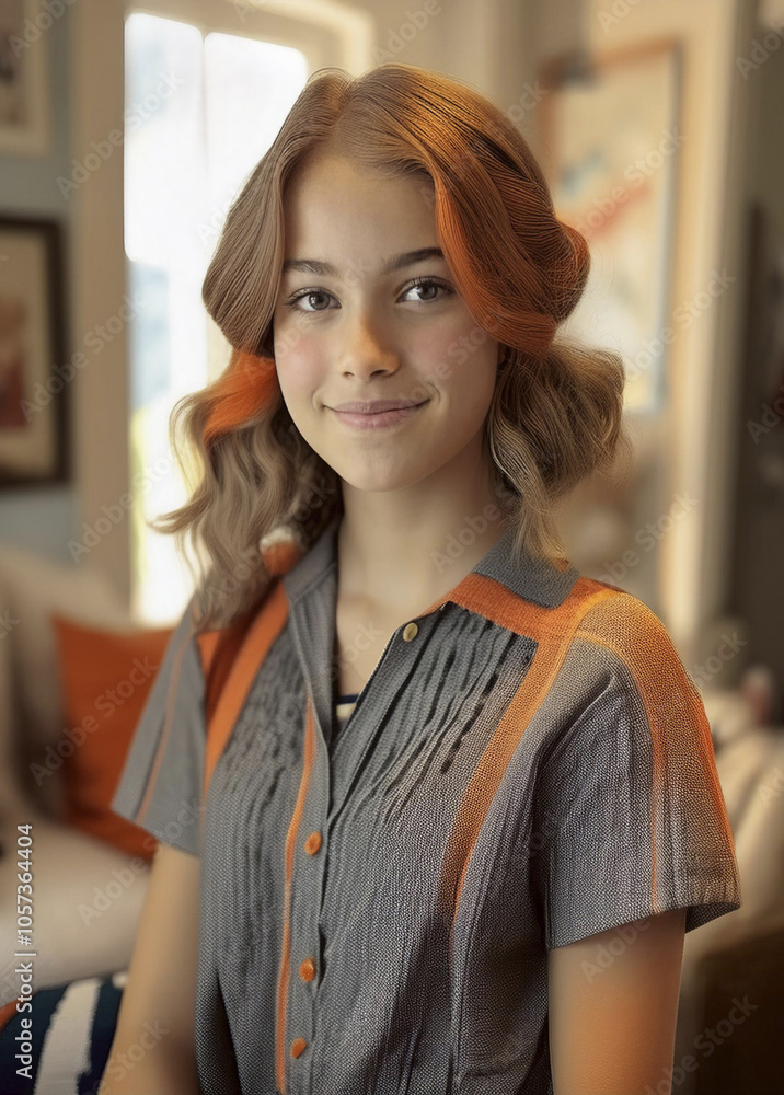 A young female caucasian teenager with red hair, looking at the camera whit a sweet smile A young female caucasian teenager with red hair, looking at the camera whit a sweet smile