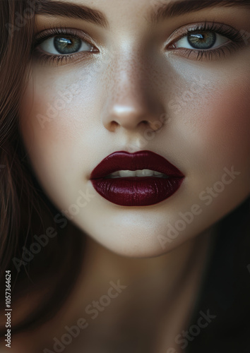 A woman with a red lipstick and green eyes