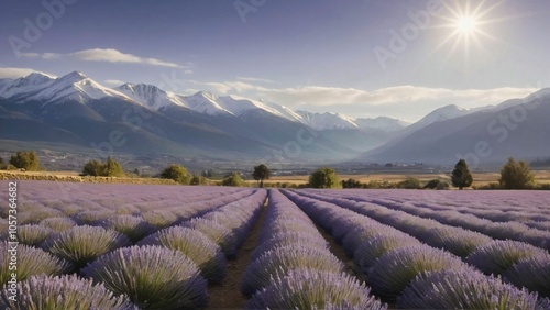 Sunlit lavender fields leading to distant snow capped mountains photo