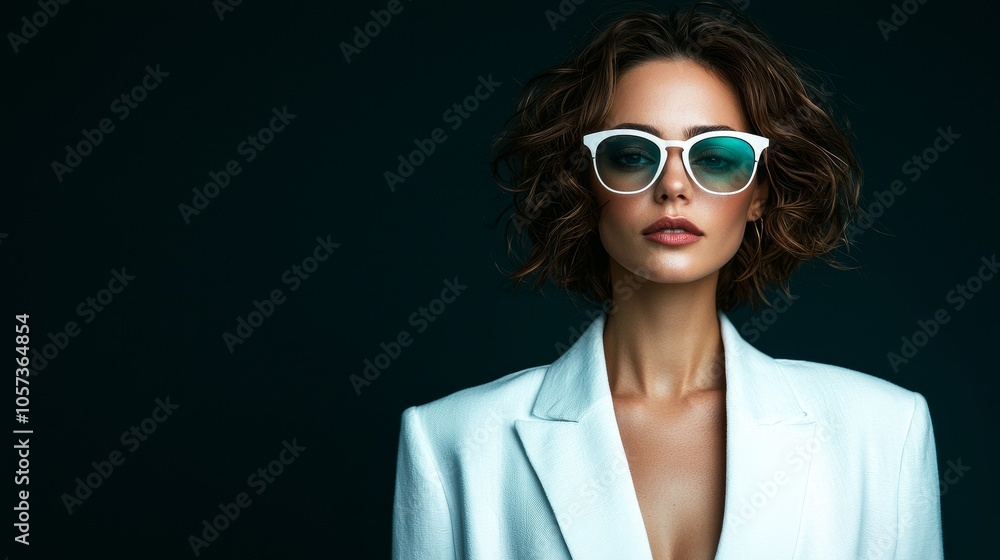 Stylish woman in white blazer and trendy sunglasses posing against dark background with confidence and elegance Stylish woman in white blazer and trendy sunglasses posing against dark background with confidence and elegance