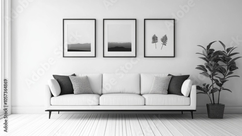 A white couch with three black pillows sits in a room with a black