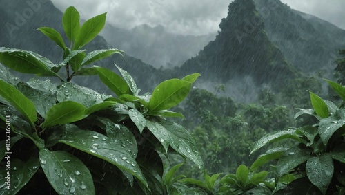 Rain drops on leaves with dense forest in background photo