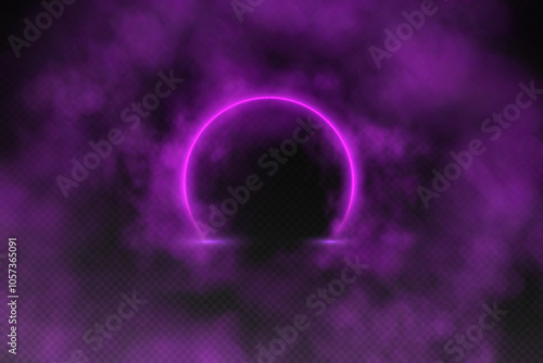 Magical fantasy portal. Round light frame with golden smoke and dust, futuristic teleporter. Purple neon lights illuminate night scene on transparent background. Light effect