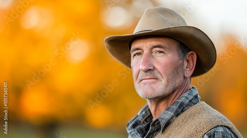 Portrait of a mature farmer in nature surrounded by autumn colors capturing the essence of rural life and hard work