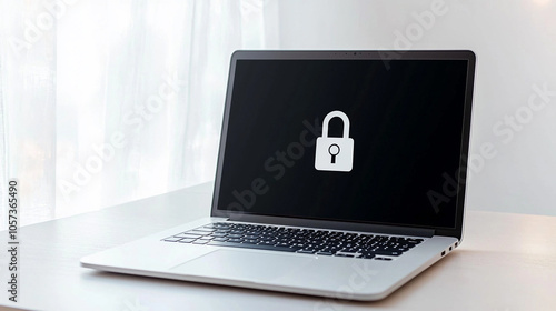 A modern workspace featuring a sleek laptop with a digital lock icon displayed on the screen, surrounded by a minimalist black and white aesthetic.