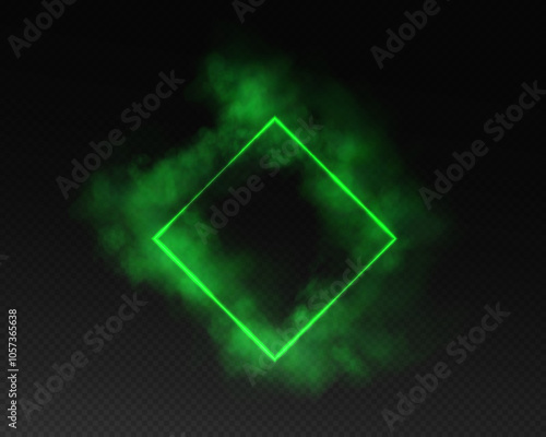 A magical portal in fantasy style. Square light frame with green smoke and dust, futuristic teleporter. Green neon lights illuminate night scene on transparent background. Light effect