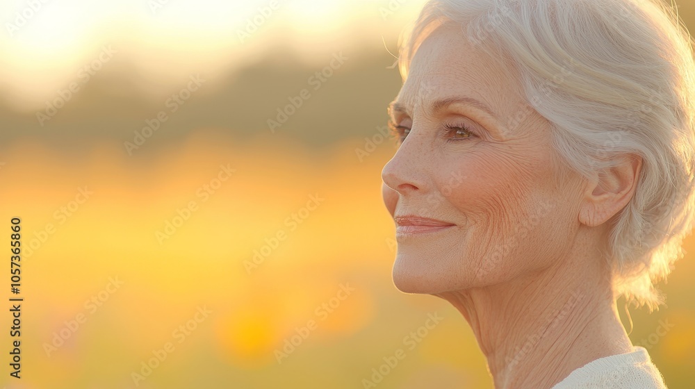 Serenity in nature a reflective moment of an elderly woman amidst a blossoming field at sunset Serenity in nature a reflective moment of an elderly woman amidst a blossoming field at sunset