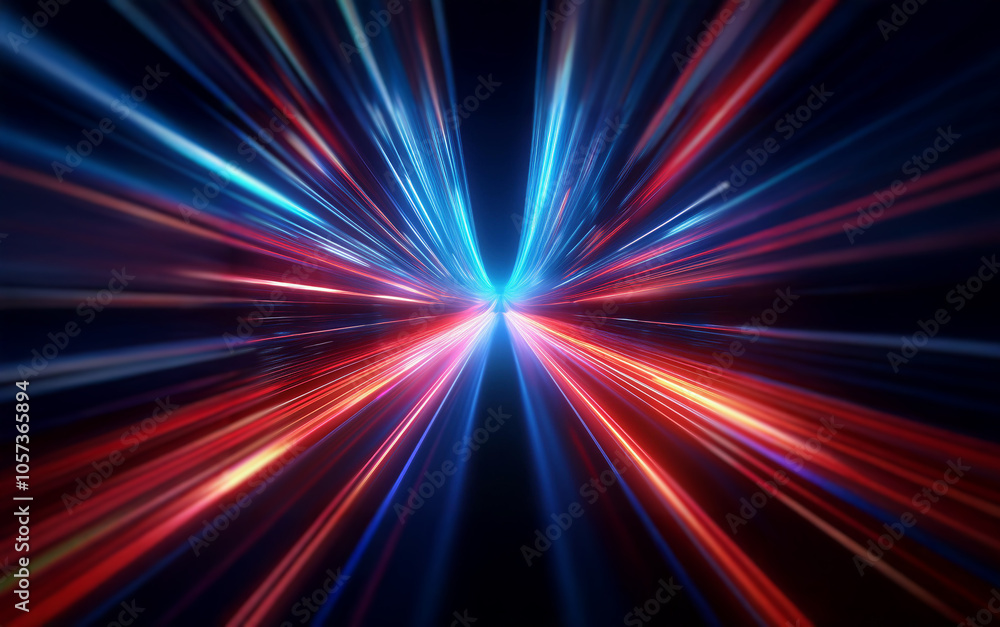 Abstract depiction of speed and motion with streaks of red and blue light converging in the center against a dark background. Abstract depiction of speed and motion with streaks of red and blue light converging in the center against a dark background.