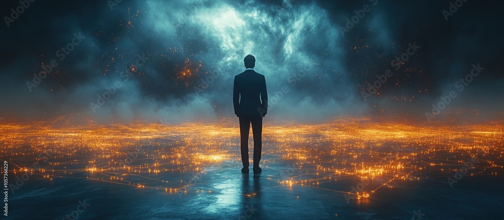 A figure stands alone, gazing at a glowing, futuristic landscape under a dramatic sky. A figure stands alone, gazing at a glowing, futuristic landscape under a dramatic sky.