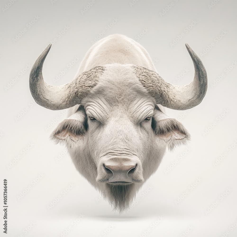 Naklejka premium A white bull with horns is staring at the camera
