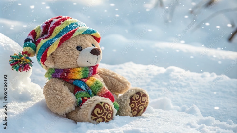 Cozy Teddy Bear in Fashionable Hat and Scarf for Winter Vibes Cozy Teddy Bear in Fashionable Hat and Scarf for Winter Vibes