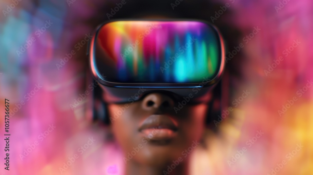 A person wears a colorful VR headset, immersed in a vibrant, abstract background that emphasizes the immersive nature of virtual reality.