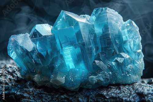 Aquamarine crystal resting on black velvet surface in a dramatic low light setting photo