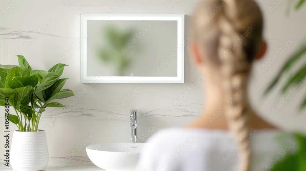 A serene bathroom scene featuring a person with a braided hairstyle in front of a modern mirror, complemented by lush green plants.