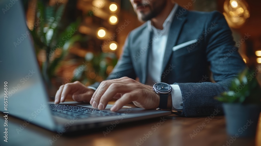 Businessman typing on laptop in modern office, professional workspace, focused expression, corporate attire, business productivity, digital work, career, executive setting, serious, technology Businessman typing on laptop in modern office, professional workspace, focused expression, corporate attire, business productivity, digital work, career, executive setting, serious, technology