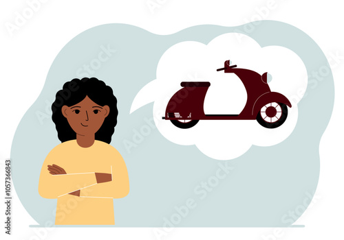 A little girl is dreaming or thinking about a children's motorcycle or scooter. Thoughts in an air bubble. Vector flat illustration.