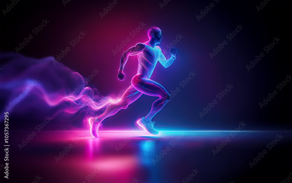 A glowing, athletic figure runs through a dark space, leaving behind a trail of vibrant smoke. A glowing, athletic figure runs through a dark space, leaving behind a trail of vibrant smoke.