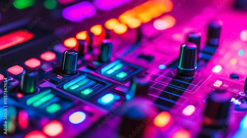 Vibrant neon lights illuminate a professional DJ mixer console, showcasing a kaleidoscope of colors across knobs and faders in a nightclub atmosphere. Vibrant neon lights illuminate a professional DJ mixer console, showcasing a kaleidoscope of colors across knobs and faders in a nightclub atmosphere.