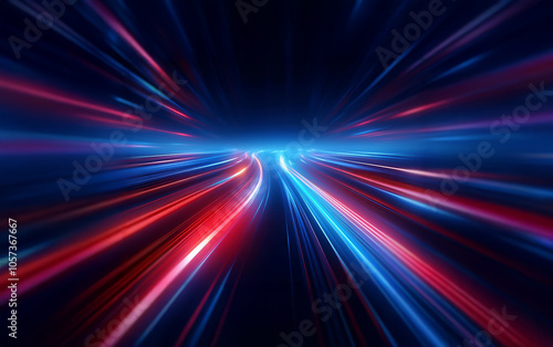 Abstract digital art of streaks of red and blue light converging into a bright, white central point on a dark background.
