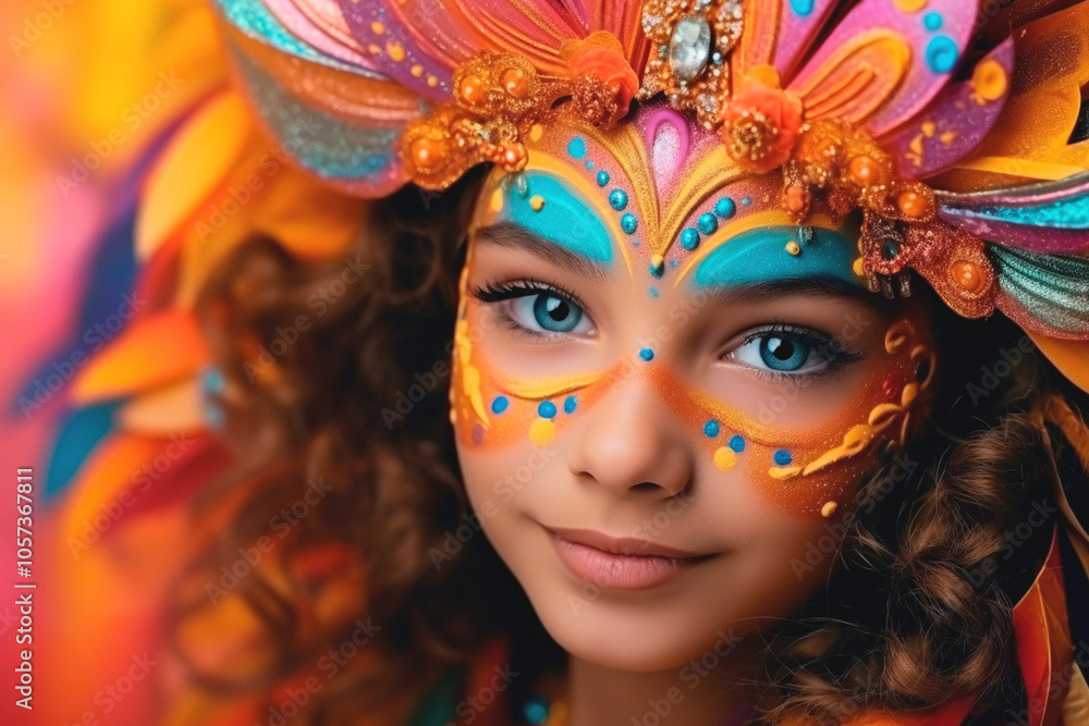 Child wearing intricate carnival face paint. Child wearing intricate carnival face paint.