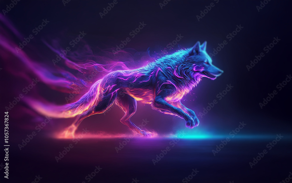 A wolf composed of neon lights runs on a dark background with a swirling, colorful glow. A wolf composed of neon lights runs on a dark background with a swirling, colorful glow.