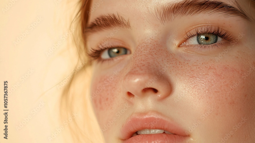 Radiant close-up of youthful face with striking green eyes, sun-kissed freckles, and dewy skin, capturing natural beauty in warm golden light. Radiant close-up of youthful face with striking green eyes, sun-kissed freckles, and dewy skin, capturing natural beauty in warm golden light.