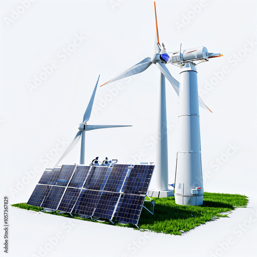 Remote renewable energy setup with solar panels and wind turbine isolated on white background