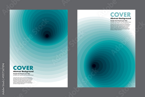 Vector abstract background cover design featuring vibrant circular gradient patterns, blending smoothly layers from light turquois into dark blue hole. Ideal for cover or background. Minimalist style.