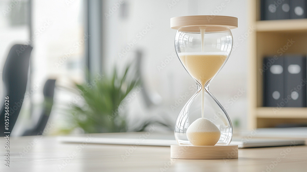 Hourglass on a modern office desk, with copy space for time management advertising, Hourglass on a modern office desk, with copy space for time management advertising,