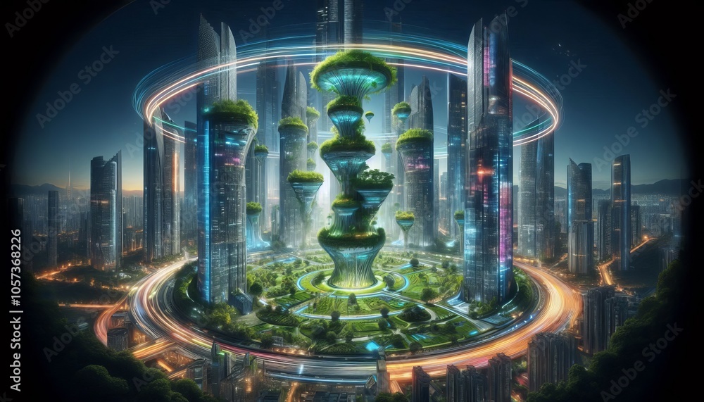 futuristic landscape features towering skyscrapers and lush, green spaces