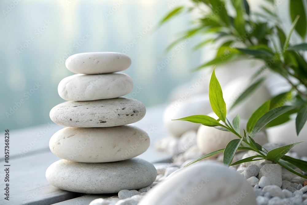 White balancing stones stacked on top of each other with an out of focus green plant and blurred bright background conveying a sense of peace and tranquility White balancing stones stacked on top of each other with an out of focus green plant and blurred bright background conveying a sense of peace and tranquility